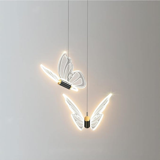 2 Lights Butterfly Black Pendant Light, 13.8 Inch LED Acrylic Hanging Lamp for Bedroom, Living Room, Kitchen Island (Black, Butterfly)