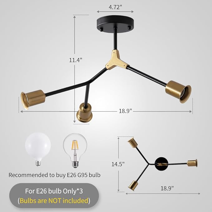 Modern Sputnik Semi Flush Mount Ceiling Light Fixture Gold and Black,Metal Minimalist Mid Century 3 Light Chandelier for Kitchen Dining Room Bedroom Hallway Entryway Foyer