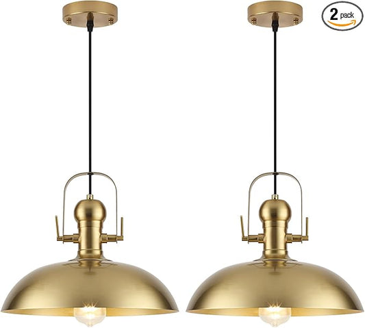 Gold Pendant Lights Kitchen Island 2 Packs, Gold Dome Pendant Light 13.8 Inch, Industrial Farmhouse Pendant Light, Island Pendant Lights for Kitchen Barn Hallway Porch Dining Room
