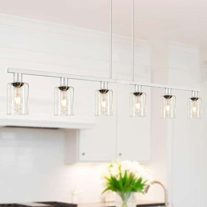 6-Light Kitchen Island Lighting with Glass Shade and Adjustable Rods, Brushed Nickel Dining Room Light Fixture Over Table, Farmhouse Linear Chandelier Pendant Light for Kitchen Living Room