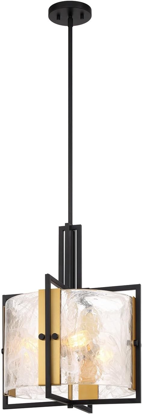 Savoy House 7-1699-3-143 Hayward Modern Strie Piastra Glass Drum Pendant, 3-Light 180 Total Watts, 20" H x 16" W, Matte Black & Warm Brass