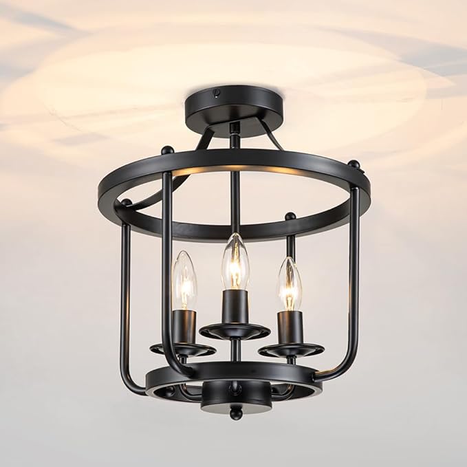 Farmhouse Semi Flush Mount Ceiling Light Fixtures, Industrial Rustic Ceiling Lamp Metal Cage Hallway Light Fixtures(3-Light Black Finish)