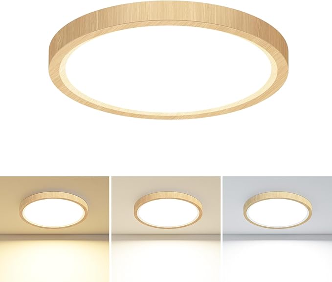 Flush Mount Ceiling Light Fixtures - 3000K-4000K-6500K & 100W Equivalent Flat Led Lights for Room Ceiling,7.5Inch Ultra Thin Round White Ceiling Lights for Bedroom,Kitchen,Bathroom,Hallway (Wood
