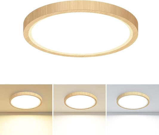Flush Mount Ceiling Light Fixtures - 3000K-4000K-6500K & 100W Equivalent Flat Led Lights for Room Ceiling,7.5Inch Ultra Thin Round White Ceiling Lights for Bedroom,Kitchen,Bathroom,Hallway (Wood