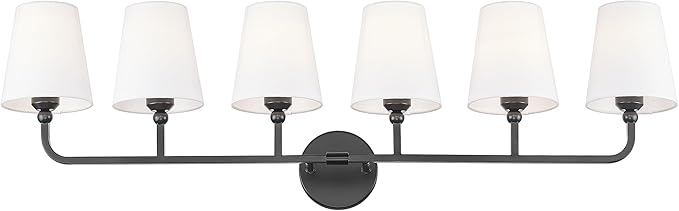 Bathroom Light Fixtures, 42 Inch Matte Black Vanity Lights with Flared White Fabric Shade, 6-Light Wall Sconce, Modern Sconces Wall Lighting for Hallway Bedroom, VL837-MB-6