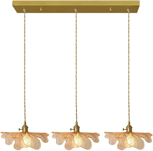 Chandelier 3-Light Vintage Glass Ceiling Pendant Light Gold Linear Design Amber Glass Dining Room Light Fixtures Modern Chandelier for Kitchen Island Over Table