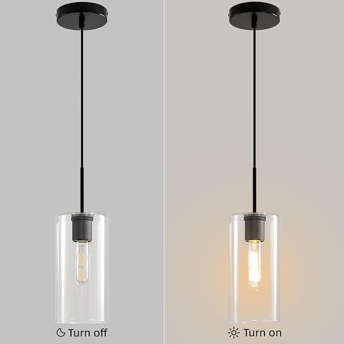 Modern Black Glass Pendant Light: Seeded Clear Glass Pendant Light over Kitchen Island - Minimalist Brass Hanging Lights with Short Tube - Height Adjustable Pendants Lighting Fixture for Dining Room