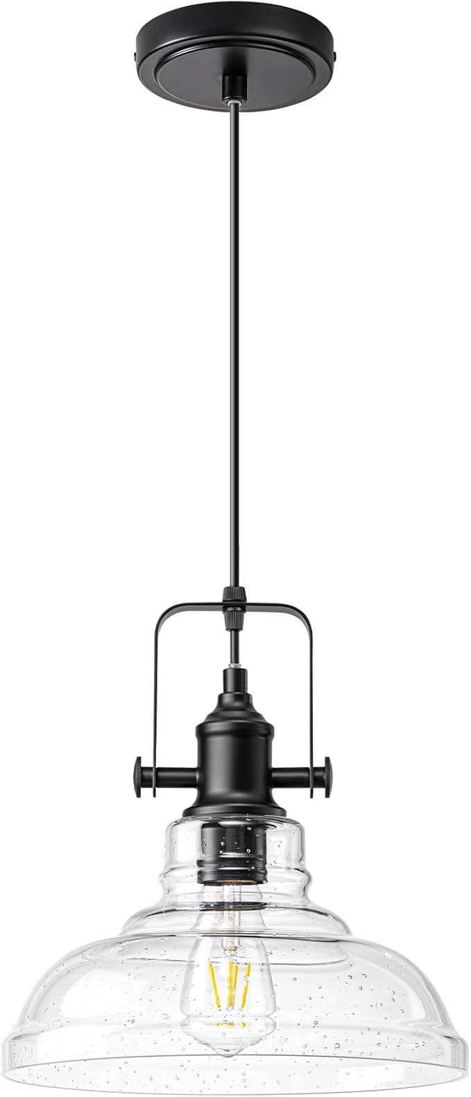 EDISHINE Farmhouse Pendant Lights Kitchen Island, Clear Seeded Glass Shade Hanging Light with Matte Black Finish, Modern Pendant Light Fixtures with Open Shade, Over Island Bar,E26 Base