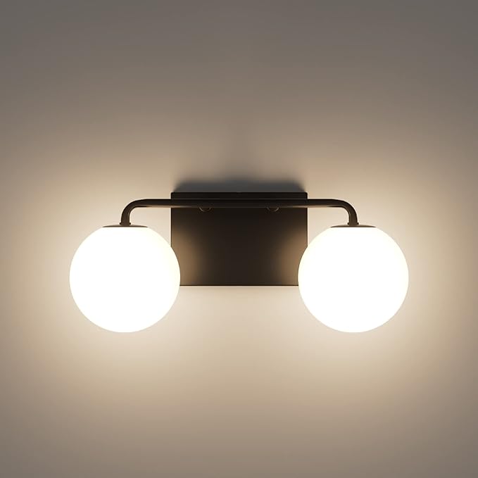 Tipace 2 Lights Mid Century Vintage Bathroom Vanity Light Fixtures Over Mirror Black Industrial Vanity Lights with Milk White Glass Globe Farmhouse Bath Lighting(Exclude Bulb)