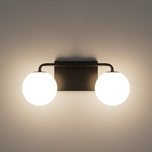 Tipace 2 Lights Mid Century Vintage Bathroom Vanity Light Fixtures Over Mirror Black Industrial Vanity Lights with Milk White Glass Globe Farmhouse Bath Lighting(Exclude Bulb)