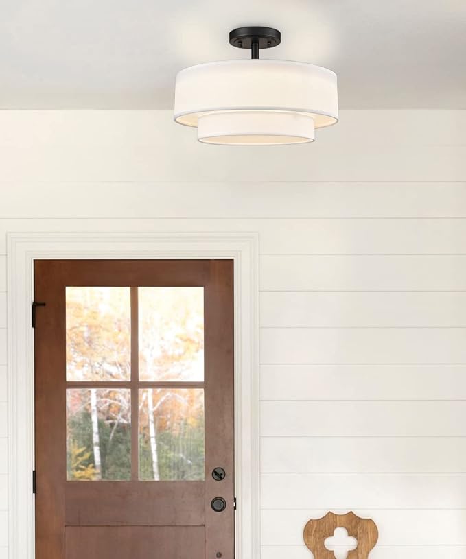 DAYCENT Black Drum Semi Flush Mount Ceiling Light Modern Farmhouse Dimmable LED Light Fixture Ceiling 30W 3000K/4500K/5500K Drum Shade Ceiling Light for Bedroom Hallway