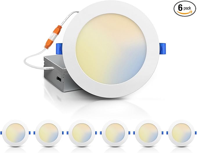 ECOELER 6 Pack 6 Inch 5CCT Ultra-Thin LED Recessed Ceiling Light with Junction Box, 2700K/3000K/4000K/5000K/6000K Selectable, 12W, 1100Lm, Dimmable Canless Recessed Lighting, ETL&FCC Listed