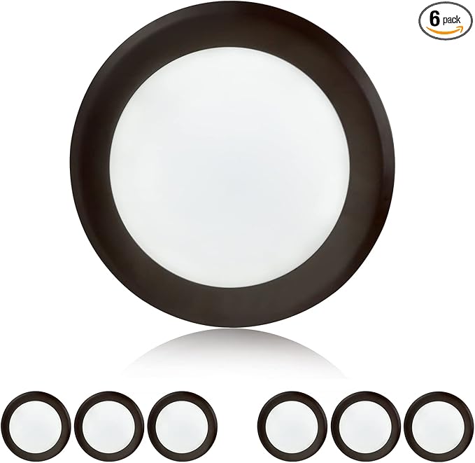 TOPELER 6'' Dimmable Bronze LED Flush Mount Ceiling Light, 15W 1000Lm, 3000K Warm White, Low Profile Disc Light, Installs with Junction Box or Recessed Can, ETL-Listed, 6 Pack