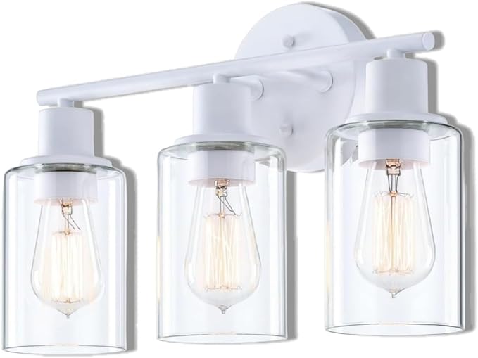WISBEAM 3-Light Bathroom Vanity Wall Light, White Bathroom Light Fixtures Over Mirror with Clear Glass Shade Including E26 Medium Base, Bulb NOT Included