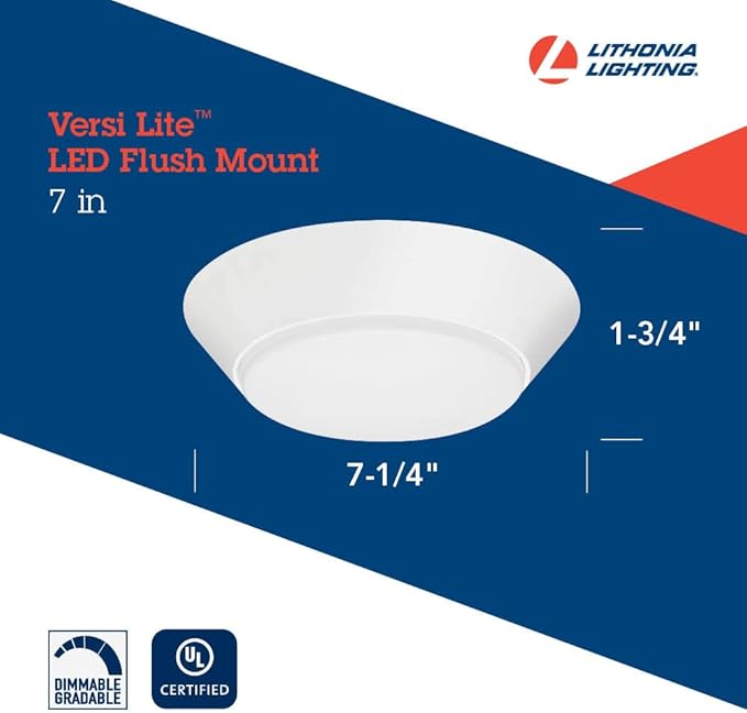 Lithonia Lighting Contractor Select 7 inch Round LED Flush Mount Thin Ceiling Light White 3000K Dimmable