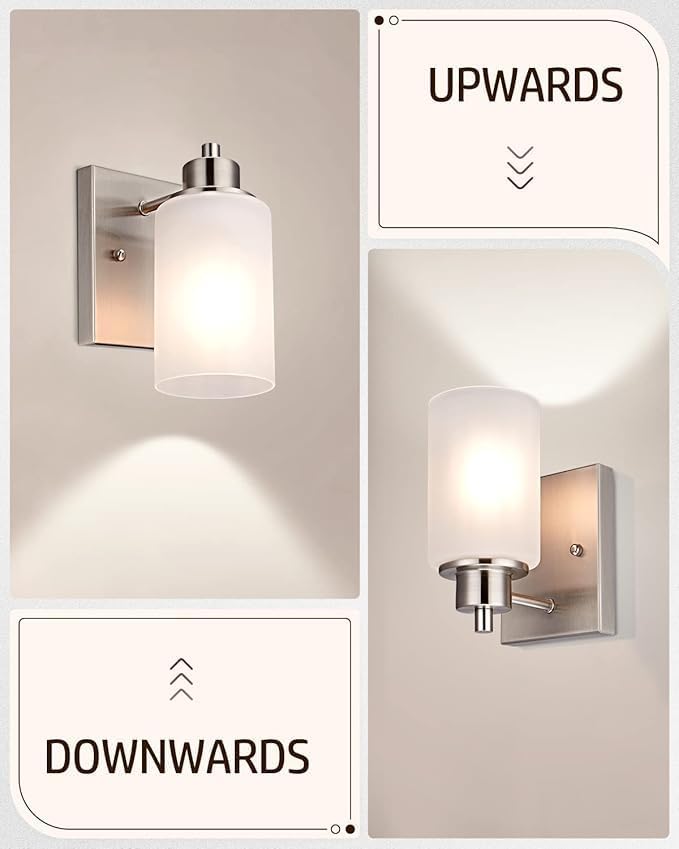 3 Pack Modern Bath Vanity Light Fixture 1-Light, Indoor Bathroom Wall Sconces for Living Room, Porch, Bedside, Brushed Nickel Finish with White Frosted Glass Shades Wall Mounted Lights