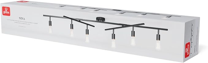 Globe Electric 64000125 64" 6-Light Double Center Swivel Track Lighting, Matte Black, Adjustable Pivoting Heads, Center Canopy, Modern Ceiling Light for Kitchen Island, Hallway, or Dining Room