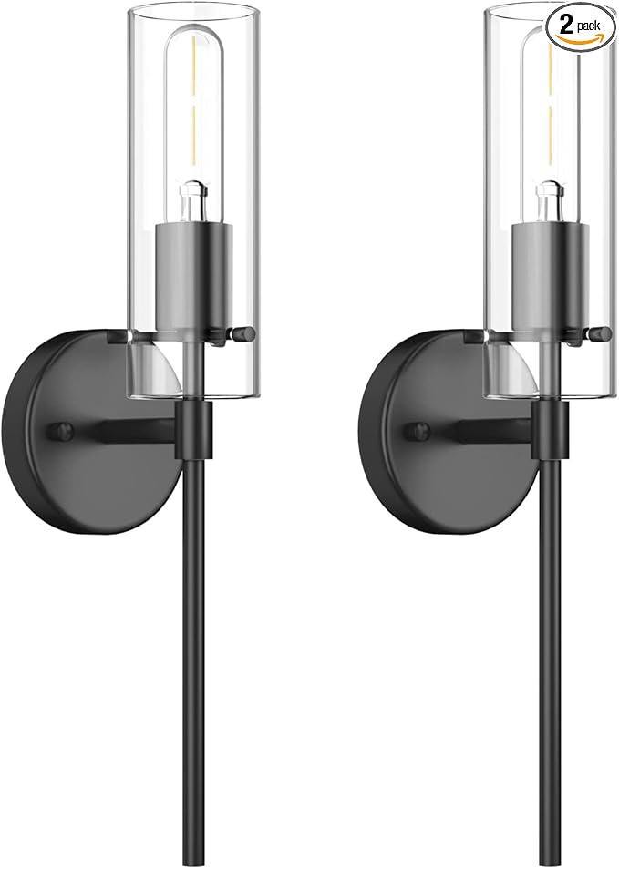 Wall Sconce Set of 2 Black Wall Light, Bathroom Vanity Light Fixture Modern Indoor Wall Light with Clear Glass Shade for Bathroom Bedroom Living Room Hallway Vanity