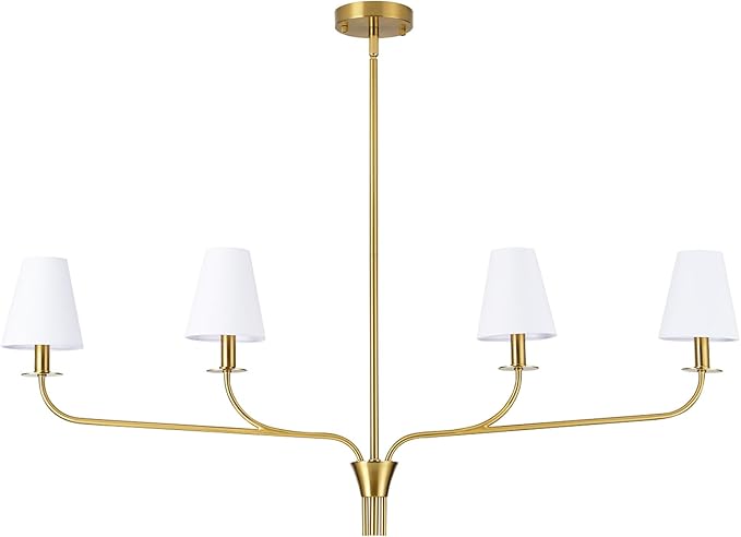 Modern 42" Linear Chandelier for Kitchen Island & Dining Room - 4-Light Gold Finish with White Fabric Shades, Adjustable Hanging Pendant Light Fixture, E12