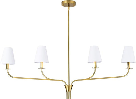 Modern 42" Linear Chandelier for Kitchen Island & Dining Room - 4-Light Gold Finish with White Fabric Shades, Adjustable Hanging Pendant Light Fixture, E12