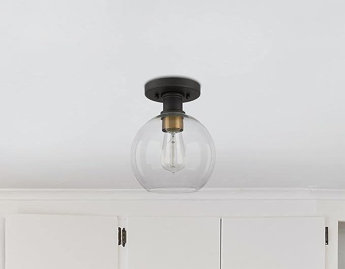 Tawson Dan Modern Farmhouse 1-Light Flush Mount Ceiling Light Clear Glass Globe Black Gold Finish for Hallway, Entryway, Passway, Bedroom, Garage, Kitchen, Balcony