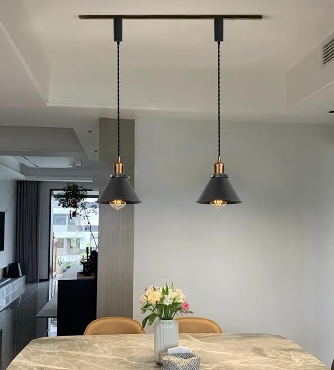 Set of Three Adjusted Wire Length H-Type Track Hanging Light 3.9 Ft Cord E26 Vintage Brass Base Industrial Design Black Metal Pendant Light Fixture for Loft Aisle Bar(No Bulb, Track)