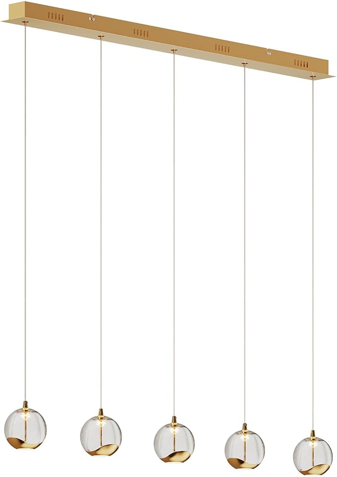 37.8" LED Linear Pendant Light Fixtures, 5-Light Gold Linear Chandelier with Bubble Glass Globes, LED 3000K Warm White, Modern Island Lights for Kitchen Living Room Ceiling Hanging, Hardwired