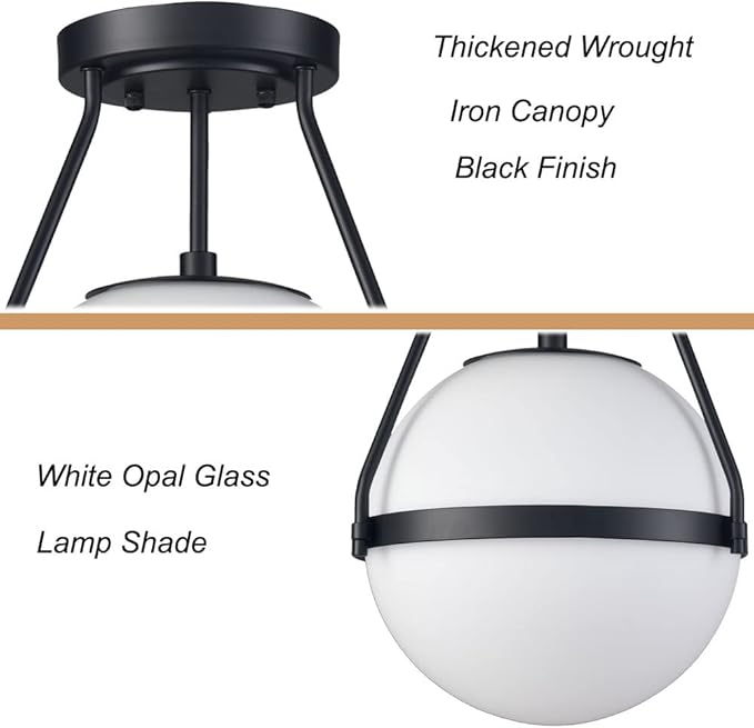HOLKIRT Modern Globe Semi Flush Mount Ceiling Light,Black Ceiling Light Fixture with Opal Glass 7Inch/18CM,Mid Century Kitchen Light Fixtures Hallway Light Fixtures Ceiling for Bedroom Kitchen