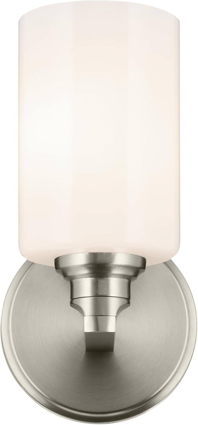 Kichler Gioe 5" 1-Light Wall Sconce with Opal Glass in Brushed Nickel, Damp Rated, for Powder Room, Bathroom, Kitchen, Hallway, Bedroom, Fireplace, (5" W x 9.5" H), 55224NI