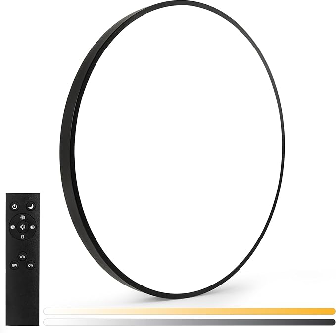24 Inch Flush Mount Ceiling Light Fixture, Dimmable with Remote, 3000K-6500K Adjustable Color, 48W 4800Lm Ultra Thin Modern Round LED Ceiling Light, Black for Bedroom, Kitchen, Living Room