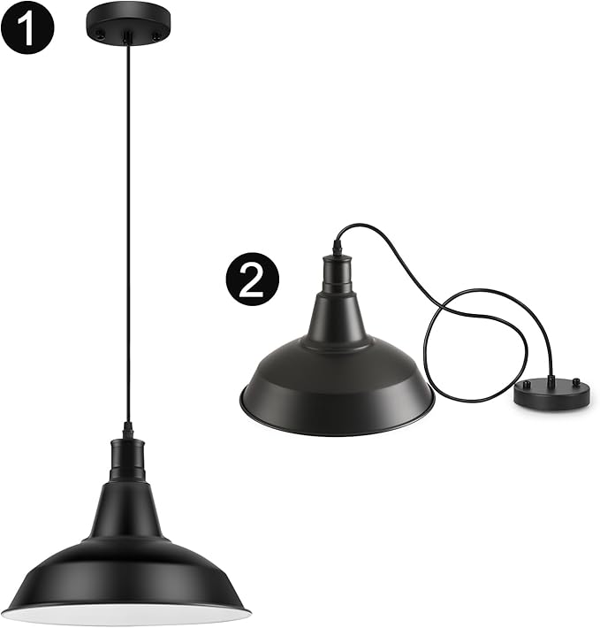 LOEHINLE Pendant Light Fixtures, Vintage Farmhouse Hanging Lighting Fixture with Metal Shade, Industrial Barn Lights for Hallway, Kitchen Island, Sink, Dining Room, Living Room, Black, 12.2in