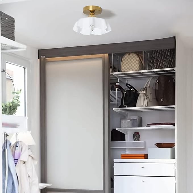 9.4in Vintage Brass Gold Semi Flush Mount Ceiling Light with Milk White Glass Shade, Farmhouse Antique Ceiling Lighting Fixture for Hallway Closet Small Room Kitchen Entryway Porch, Bulb Not Included