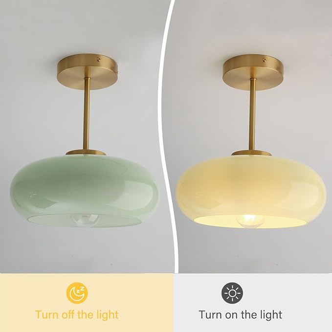 Milk Ceiling Light mid Century Modern Ceiling Light fixtures with Milk Green Glass Shade Gold Semi Flush Mount Ceiling Light, Vintage Glass Ceiling Lamp Hallway Dining Room Kitchen