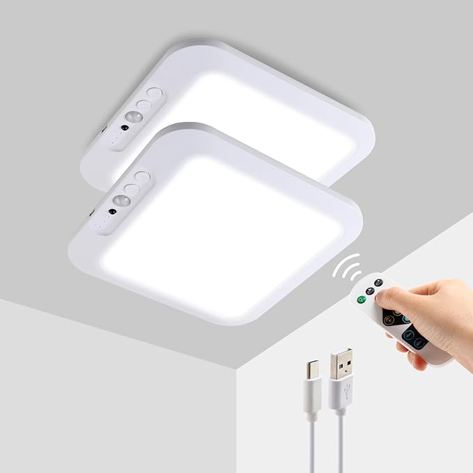 DAMI Rechargeable Ceiling Light with Remote 2 Pack, 4000mAh Battery, Motion Sensor Indoor Shower Light, Dimmable & 3 CCT (3000K/4500K/6500K), Timer for Closet, Hallway, Bathroom, Patio
