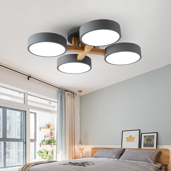 LED Ceiling Light Fixture,24 Inch 4-Lights Modern Ceiling Lights Flush Mount Wooden 44W Chandelier for Living Room Bedroom Kitchen,Dimmable 3000K/4000K/6000K Temperatures Selectable, Grey
