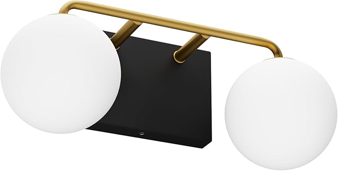 Tipace 2 Lights Mid Century Vintage Bathroom Vanity Light Fixtures Over Mirror Black Gold Industrial Vanity Lights with Milk White Glass Globe Farmhouse Bath Lighting(Exclude Bulb)