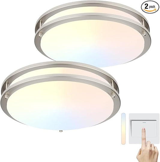 DAKASON 2Pack LED Flush Mount Ceiling Light Fixture 13” 20W, On/Off Switch to Select 3000K/4000K/5000K, Dimmable Ceiling Lamp for Kitchen, Hallway, Stairwell, Brushed Nickel