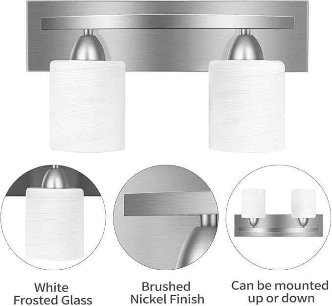 PARTPHONER - Bathroom Vanity Light Fixture - Over Mirror - Modern Glass Shade - Brushed Nickel, E26 Base, 2-Light