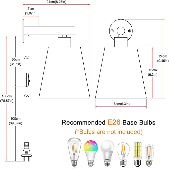 Plug in Wall Sconces Set of Two, Wall Lamp with Plug in Cord, Black Wall Sconce Light Plug in, Bedside Wall Mounted Light with Fabric Linen Shade, Plug in Wall Decor for Bedroom Living Room