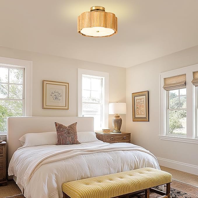 13.4" Rattan Flush Mount Ceiling Light Fixtures,3-Light Boho Light Fixtures Ceiling Mount for Bedroom,Small Rattan Chandelier,Gold Mini Chandelier Lighting for Dining Room Hallway Kitchen