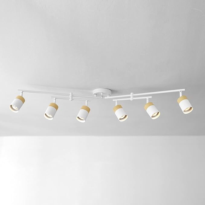 Globe Electric 64000055 42" 6-Light Track Lighting, Double Center Swivel Bar, Matte White, Wood Toned Accents, Ceiling Light, Pivot Shades, 6 Bulb, Kitchen Lights, GU10 Sockets