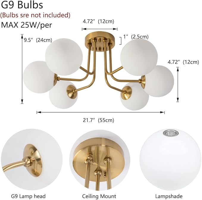 Modern Semi Flush Mount Ceiling Light,Gold White Glass Shade Semi Ceiling Light 6-Light,Sputnik Chandeliers for Bedroom Living Room Hallway Dining Room Lighting Fixture