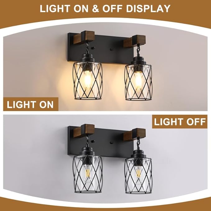 Farmhouse Bathroom Light Fixtures, 2 Light Bathroom Vanity Light with Metal and Glass Lampshade, Wood Rustic Lighting Fixtures Over Mirror, Black Wall Sconces for Living Room, Bedroom