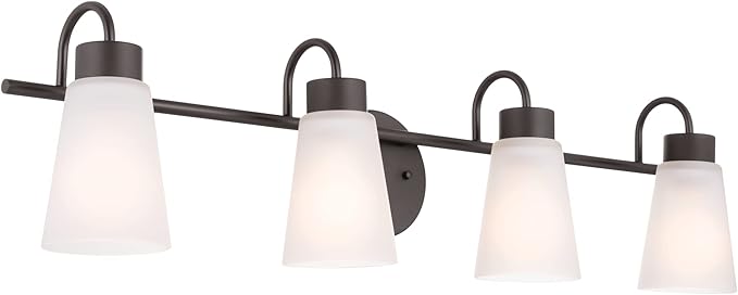 Kichler Erma 4-Light Bathroom Vanity Light Fixture with Satin Etched Glass, Updated Traditional Wall Light in Olde Bronze for Bathroom Mirror (32.5" x 8.5" x 6"), 55127OZ