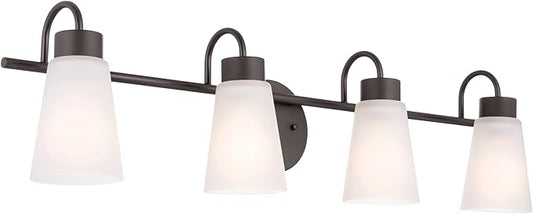 Kichler Erma 4-Light Bathroom Vanity Light Fixture with Satin Etched Glass, Updated Traditional Wall Light in Olde Bronze for Bathroom Mirror (32.5" x 8.5" x 6"), 55127OZ