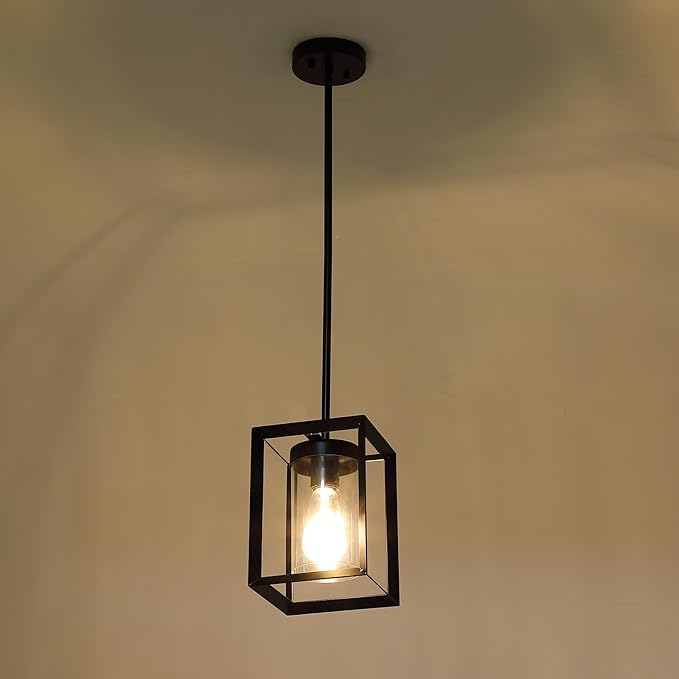 2 Pack Farmhouse Black Kitchen Island Pendant Light Fixtures,Height Adjustable Metal Rod Hanging Modern Pendant Lighting with Metal Cage and Clear Glass Shade for Entryway Bedroom