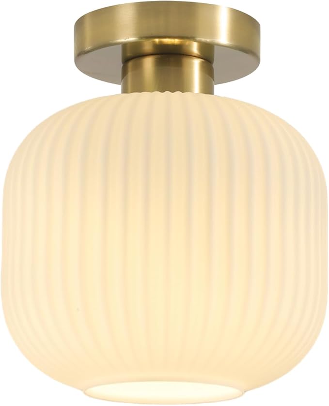 BOKT Modern Ceiling Light Brushed Brass Milk White Ribbed Glass Pendant Light Gold Semi Flush Mount Nursery Light Fixture 7.9" for Hallway, Entrance, Schoolhouse