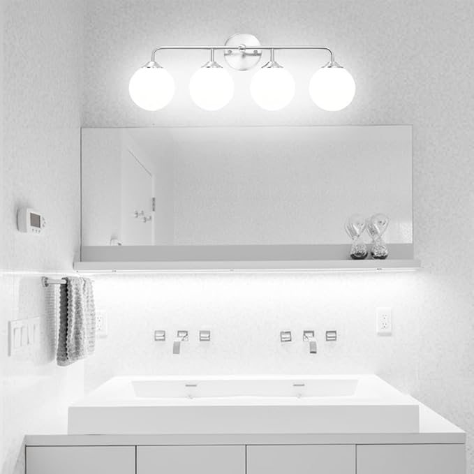 Modern 4-Lights Brushed Nickel Vanity Lights Over Mirror, Bathroom Lighting Fixtures with Milk White Globe Glass Shade, Industrial Bathroom Wall Sconce for Dressing Table Bedroom Living Room