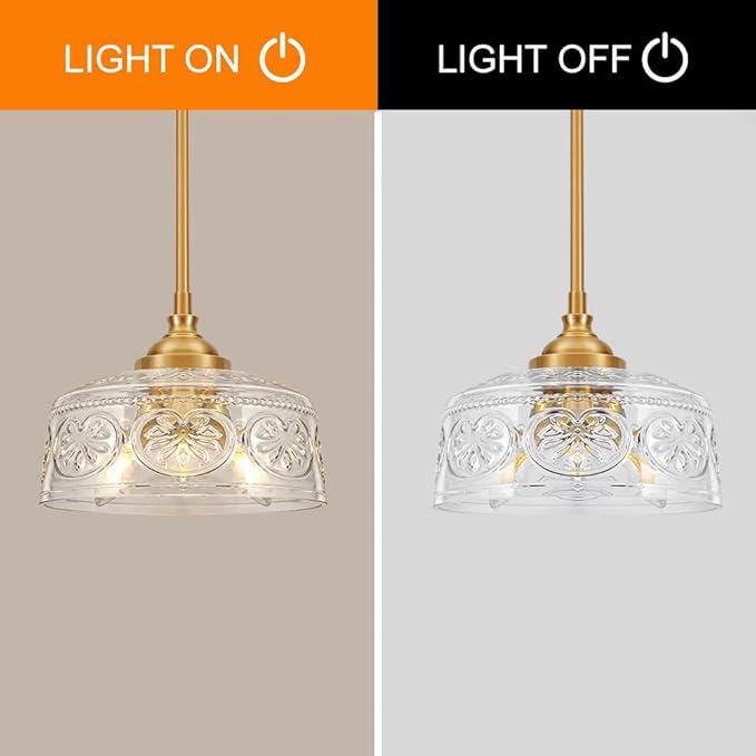Vintage 3-Light Pendant Light With Embossed Glass Shade, Farmhouse Brushed Gold Pendant Lights Kitchen Island, 2-in-1 Adjustable Hanging & Semi-Flush Mount for Bathroom,Dining Room,Bedroom,Hallway,E12