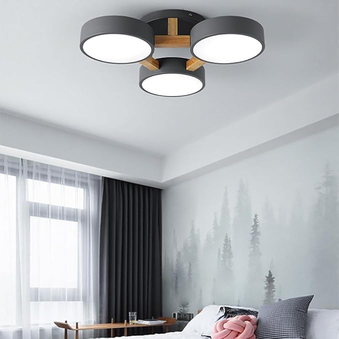 LED Ceiling Light Fixture,Modern Ceiling Lights Flush Mount Wooden Chandelier for Living Room Bedroom Kitchen,Dimmable 3000K/4000K/6000K Temperatures Selectable (Gray, 3 Lights)